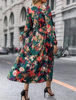 Online Women's Graphic Print V Neck Long Dress Maxi Dress Long Sleeve Spring Fall Women Spring Dresses