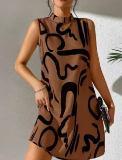 Discount Women's Graphic Stand Collar Mini Dress Sleeveless Summer Women Work Dresses