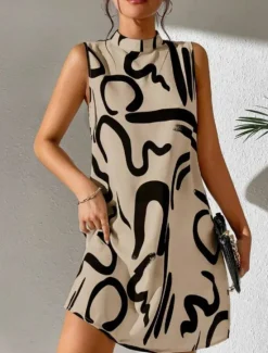 Discount Women's Graphic Stand Collar Mini Dress Sleeveless Summer Women Work Dresses