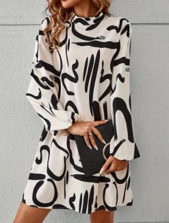 Sale Women's Graphic Turtleneck Mini Dress Long Sleeve Summer Spring Women Work Dresses