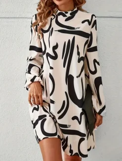 Sale Women's Graphic Turtleneck Mini Dress Long Sleeve Summer Spring Women Work Dresses