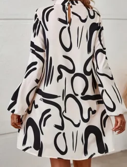 Sale Women's Graphic Turtleneck Mini Dress Long Sleeve Summer Spring Women Work Dresses