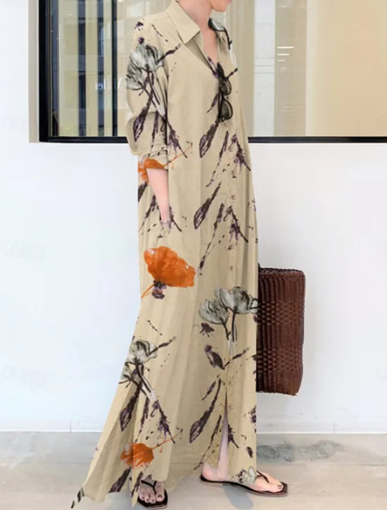 Discount Women's Green Apricot Summer Spring Maxi long Dress Cotton Linen Dresses Shirt Dress Casual Dress Modern Style Daily Weekend Loose Fit Floral Shirt Collar Women Dresses