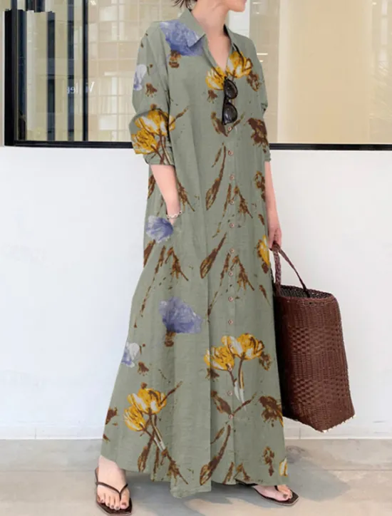 Discount Women's Green Apricot Summer Spring Maxi long Dress Cotton Linen Dresses Shirt Dress Casual Dress Modern Style Daily Weekend Loose Fit Floral Shirt Collar Women Dresses