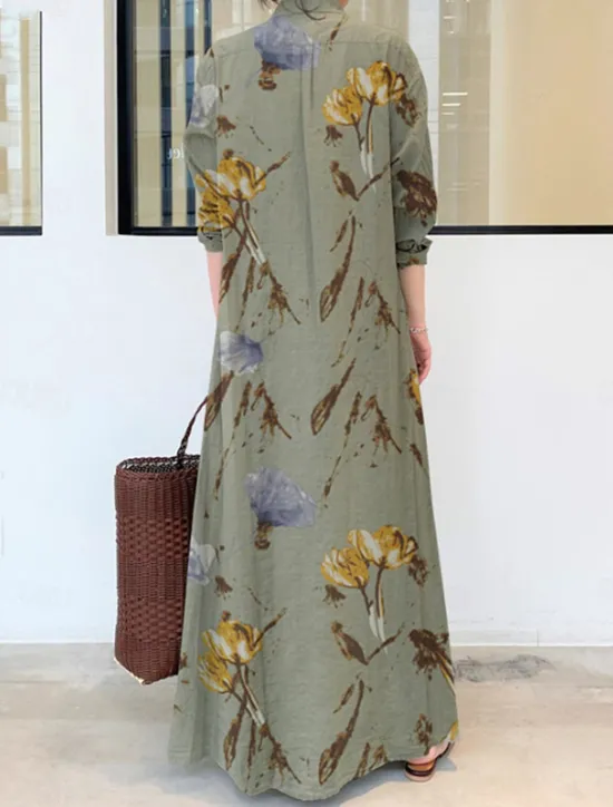 Discount Women's Green Apricot Summer Spring Maxi long Dress Cotton Linen Dresses Shirt Dress Casual Dress Modern Style Daily Weekend Loose Fit Floral Shirt Collar Women Dresses