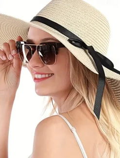Sale Women's Hat Straw Hat Sun Hat Portable Sun Protection Breathable Street Daily Weekend Bow Pure Color Women Hats