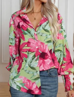 New Women's Hawaiian Shirts Blouse Daily Casual Floral Graphic Regular Tops Long Sleeve Lantern Sleeve Shirt Collar Buttons Loose Fit Daily Holiday Blue Rose Pink Summer Holiday Clothes Women Spring Tops