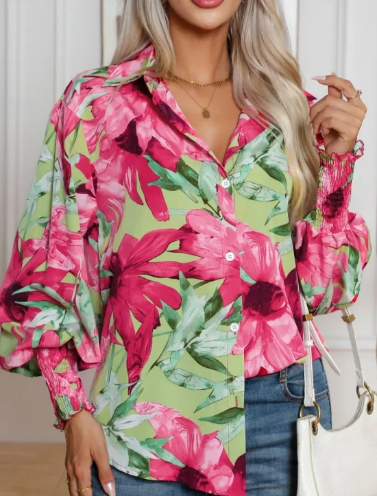 New Women's Hawaiian Shirts Blouse Daily Casual Floral Graphic Regular Tops Long Sleeve Lantern Sleeve Shirt Collar Buttons Loose Fit Daily Holiday Blue Rose Pink Summer Holiday Clothes Women Spring Tops