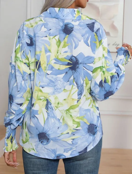 New Women's Hawaiian Shirts Blouse Daily Casual Floral Graphic Regular Tops Long Sleeve Lantern Sleeve Shirt Collar Buttons Loose Fit Daily Holiday Blue Rose Pink Summer Holiday Clothes Women Spring Tops
