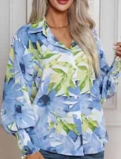 New Women's Hawaiian Shirts Blouse Daily Casual Floral Graphic Regular Tops Long Sleeve Lantern Sleeve Shirt Collar Buttons Loose Fit Daily Holiday Blue Rose Pink Summer Holiday Clothes Women Spring Tops
