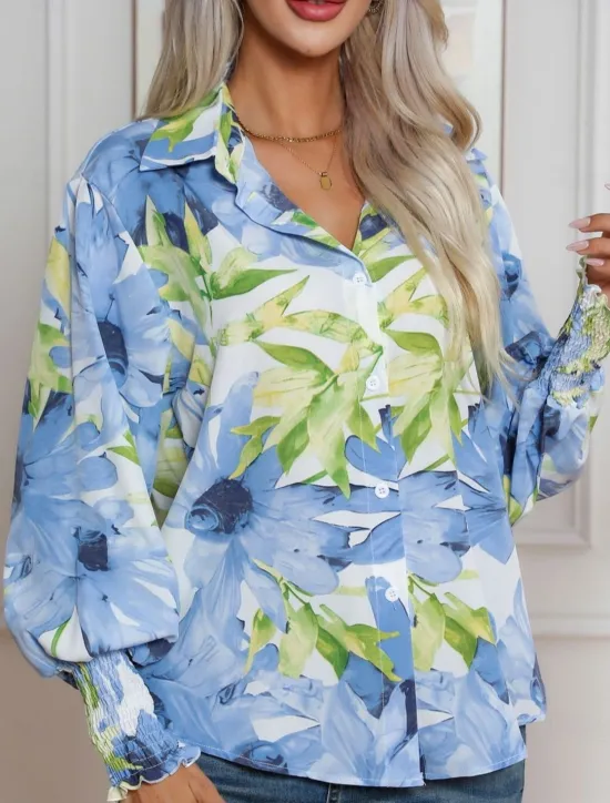 New Women's Hawaiian Shirts Blouse Daily Casual Floral Graphic Regular Tops Long Sleeve Lantern Sleeve Shirt Collar Buttons Loose Fit Daily Holiday Blue Rose Pink Summer Holiday Clothes Women Spring Tops