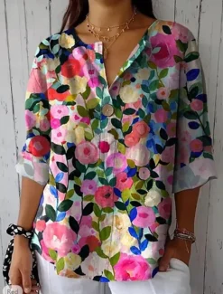 Discount Women's Hawaiian Shirts Casual Floral Regular Tops Long Sleeve V Neck Buttons Regular Fit Daily Pink Purple Green Summer Holiday Clothes Women Blouses & Shirts|Spring Tops