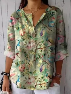 Discount Women's Hawaiian Shirts Casual Floral Regular Tops Long Sleeve V Neck Buttons Regular Fit Daily Pink Purple Green Summer Holiday Clothes Women Blouses & Shirts|Spring Tops