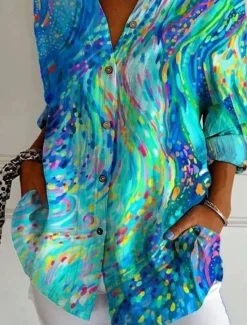 Hot Women's Hawaiian Shirts Flowy Tops Vintage Casual Graphic Geometric Long Tops Long Sleeve Shirt Collar Patchwork Buttons Print Form Fit Vacation Work Daily Summer Holiday Clothes Women Blouses & Shirts