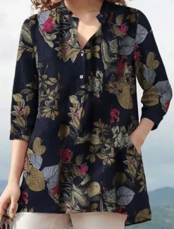 New Women's Hawaiian Shirts Vintage Tops Casual Floral Long Sleeve High Neck Blue Khaki Summer Holiday Clothes Beach Wear Women Spring Tops