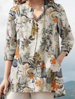 New Women's Hawaiian Shirts Vintage Tops Casual Floral Long Sleeve High Neck Blue Khaki Summer Holiday Clothes Beach Wear Women Spring Tops