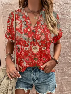 Hot Women's Henley Shirt Floral Fashion Short Sleeve V Neck Regular Tops Vacation Weekend Buttons Print Black Wine Red Navy Blue Blue Summer Women T-Shirts