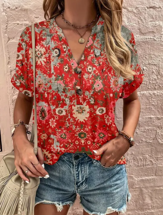 Hot Women's Henley Shirt Floral Fashion Short Sleeve V Neck Regular Tops Vacation Weekend Buttons Print Black Wine Red Navy Blue Blue Summer Women T-Shirts