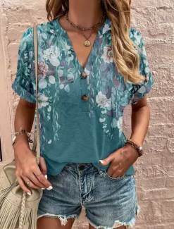 Hot Women's Henley Shirt Floral Fashion Short Sleeve V Neck Regular Tops Vacation Weekend Buttons Print Black Wine Red Navy Blue Blue Summer Women T-Shirts