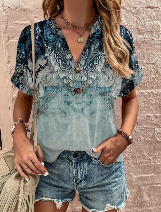 Hot Women's Henley Shirt Floral Fashion Short Sleeve V Neck Regular Tops Vacation Weekend Buttons Print Black Wine Red Navy Blue Blue Summer Women T-Shirts
