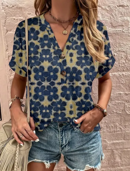 Hot Women's Henley Shirt Floral Fashion Short Sleeve V Neck Regular Tops Vacation Weekend Buttons Print Black Wine Red Navy Blue Blue Summer Women T-Shirts