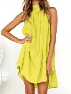 New Women's Holiday Dress Shift Dress Mini Dress Black White Yellow Sleeveless Pure Color Cold Shoulder Spring Summer Halter Stylish 2023 S M L XL 2XL Women Cocktail Dress