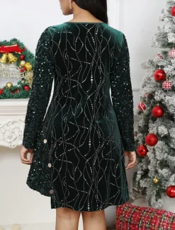 Best Women's Holiday Dress Three-Quarter Sleeve Sequin Embellished Fit-and-Flare Knee-Length Party Evening Gold Glittery Comfort Stretch Winter Apparel Women Cocktail Dress