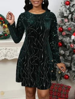 Best Women's Holiday Dress Three-Quarter Sleeve Sequin Embellished Fit-and-Flare Knee-Length Party Evening Gold Glittery Comfort Stretch Winter Apparel Women Cocktail Dress