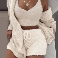 Women's Hooded Pajama Sets 3 Pieces Fluffy Fleece Long Sleeves Coat Shorts Vest for Winter Gift for Valentine's Day Women Pajama-Setter