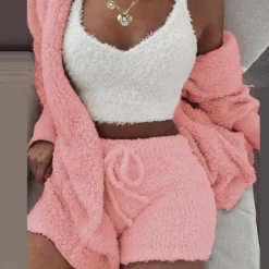 Women's Hooded Pajama Sets 3 Pieces Fluffy Fleece Long Sleeves Coat Shorts Vest for Winter Gift for Valentine's Day Women Pajama-Setter