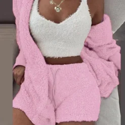 Women's Hooded Pajama Sets 3 Pieces Fluffy Fleece Long Sleeves Coat Shorts Vest for Winter Gift for Valentine's Day Women Pajama-Setter