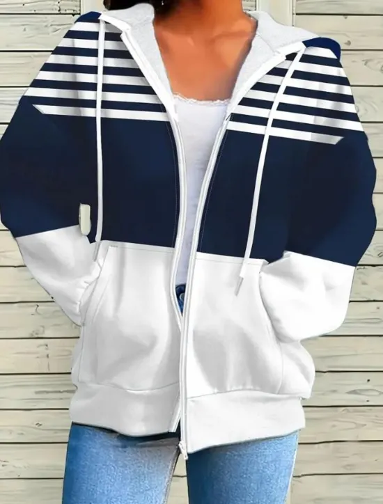 Outlet Women's Hooded Sweatshirt Jacket Long Sleeve Zip Up Hoodie With Pocket Lightweight Casual Micro-elastic Oversized Geometric Striped Active Vintage Sports Drawstring Front Pocket Spring Fall Women Hoodies & Sweatshirts