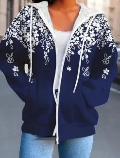 Hot Women's Hooded Sweatshirt Jacket Long Sleeve Zip Up Hoodie With Pocket Lightweight Casual Micro-elastic Oversized Floral Vintage Sports Streetwear Drawstring Front Pocket Blue Green Violet Fall Women Hoodies & Sweatshirts