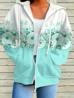 Outlet Women's Hooded Sweatshirt Jacket Long Sleeve Zip Up Hoodie With Pocket Lightweight Casual Micro-elastic Oversized Floral Active Vintage Sports Drawstring Front Pocket Pink Blue Fuchsia Green Fall Women Hoodies & Sweatshirts
