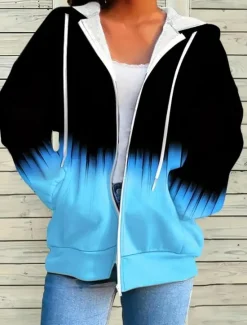 Outlet Women's Hooded Sweatshirt Jacket Long Sleeve Zip Up Hoodie With Pocket Lightweight Casual Oversized Geometric Vintage Sports Streetwear Drawstring Front Pocket Black Red Blue Fuchsia Fall Women Hoodies & Sweatshirts