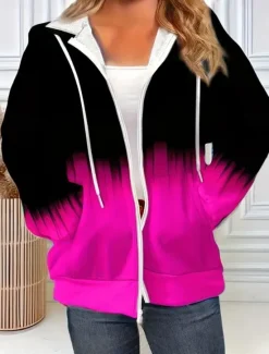 Outlet Women's Hooded Sweatshirt Jacket Long Sleeve Zip Up Hoodie With Pocket Lightweight Casual Oversized Geometric Vintage Sports Streetwear Drawstring Front Pocket Black Red Blue Fuchsia Fall Women Hoodies & Sweatshirts