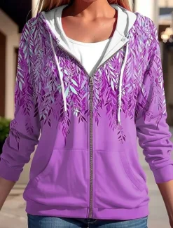 Women's Hooded Sweatshirt Jacket Long Sleeve Zip Up Hoodie With Pocket Lightweight Casual Micro-elastic Oversized Floral Active Vintage Sports Drawstring Front Pocket Blue Fuchsia Green Spring Fall Women Hoodies & Sweatshirts