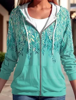 Women's Hooded Sweatshirt Jacket Long Sleeve Zip Up Hoodie With Pocket Lightweight Casual Micro-elastic Oversized Floral Active Vintage Sports Drawstring Front Pocket Blue Fuchsia Green Spring Fall Women Hoodies & Sweatshirts