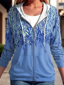 Women's Hooded Sweatshirt Jacket Long Sleeve Zip Up Hoodie With Pocket Lightweight Casual Micro-elastic Oversized Floral Active Vintage Sports Drawstring Front Pocket Blue Fuchsia Green Spring Fall Women Hoodies & Sweatshirts