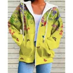 Hot Women's Hoodie Jacket Breathable Comfortable Pocket Drawstring Print Sports Daily Casual Floral Outdoor Street Sport Zipper Regular Hoodie Regular Fit Long Sleeve Outerwear White Yellow Pink Fall Women Hoodies & Sweatshirts