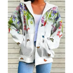 Hot Women's Hoodie Jacket Breathable Comfortable Pocket Drawstring Print Sports Daily Casual Floral Outdoor Street Sport Zipper Regular Hoodie Regular Fit Long Sleeve Outerwear White Yellow Pink Fall Women Hoodies & Sweatshirts