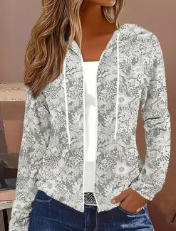 Sale Women's Hoodie Jacket Comfortable Zipper Vintage Sports Fashion Floral School Vacation Home Casual Short Hooded Regular Fit Long Sleeve Outerwear White Red Blue Spring Fall Women Jackets