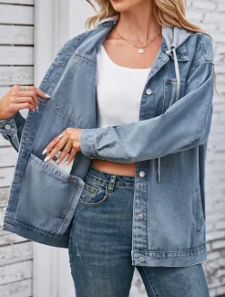 Discount Women's Hoodie Jacket Denim Jacket Outdoor Street Daily Wear Fall Winter Regular Coat Regular Fit Thermal Warm Breathable Stylish Casual Jacket Long Sleeve Solid Color with Pockets Light Blue Black Women Jackets
