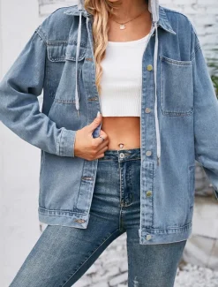 Discount Women's Hoodie Jacket Denim Jacket Outdoor Street Daily Wear Fall Winter Regular Coat Regular Fit Thermal Warm Breathable Stylish Casual Jacket Long Sleeve Solid Color with Pockets Light Blue Black Women Jackets