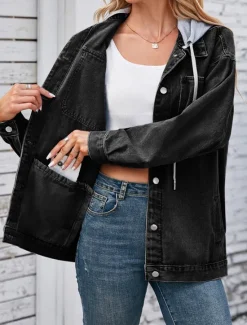 Discount Women's Hoodie Jacket Denim Jacket Outdoor Street Daily Wear Fall Winter Regular Coat Regular Fit Thermal Warm Breathable Stylish Casual Jacket Long Sleeve Solid Color with Pockets Light Blue Black Women Jackets