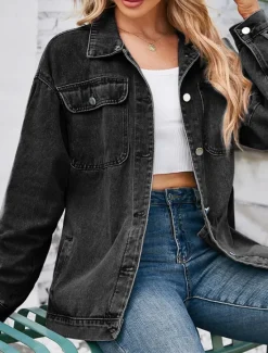 Discount Women's Hoodie Jacket Denim Jacket Outdoor Street Daily Wear Fall Winter Regular Coat Regular Fit Thermal Warm Breathable Stylish Casual Jacket Long Sleeve Solid Color with Pockets Light Blue Black Women Jackets