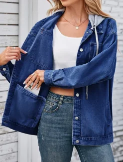 Discount Women's Hoodie Jacket Denim Jacket Outdoor Street Daily Wear Fall Winter Regular Coat Regular Fit Thermal Warm Breathable Stylish Casual Jacket Long Sleeve Solid Color with Pockets Light Blue Black Women Jackets