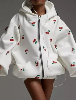 Hot Women's Hoodie Jacket Outdoor Street Daily Wear Fall Winter Regular Coat Regular Fit Thermal Warm Breathable Stylish Casual Jacket Long Sleeve Print with Pockets Print White Pink Women Jackets