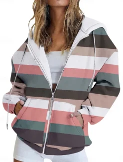 Online Women's Hoodie Jacket Outdoor Street Daily Wear Fall Winter Regular Coat Regular Fit Thermal Warm Breathable Stylish Casual Jacket Long Sleeve Color Gradient Stripes and Plaid with Pockets Full Zip Women Jackets