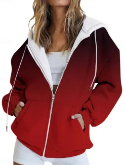 Online Women's Hoodie Jacket Outdoor Street Daily Wear Fall Winter Regular Coat Regular Fit Thermal Warm Breathable Stylish Casual Jacket Long Sleeve Color Gradient Stripes and Plaid with Pockets Full Zip Women Jackets
